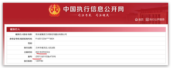 陽光城集團蘭州梨花島置業被列為被執行人，執行標的約121萬元